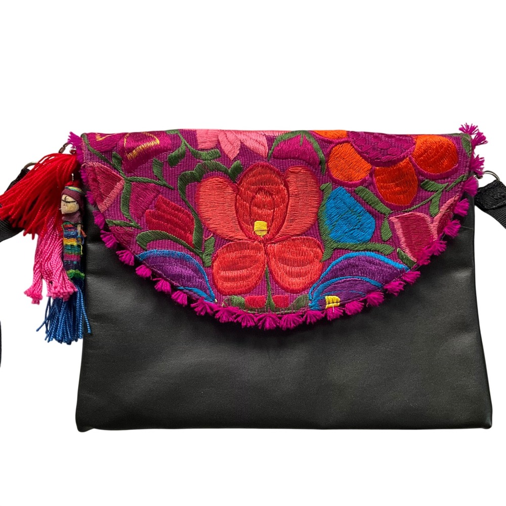 Mardi Love Embroidered Floral Crossbody Bag BLK Boho Tassel Doll‎ Charm Folk Art